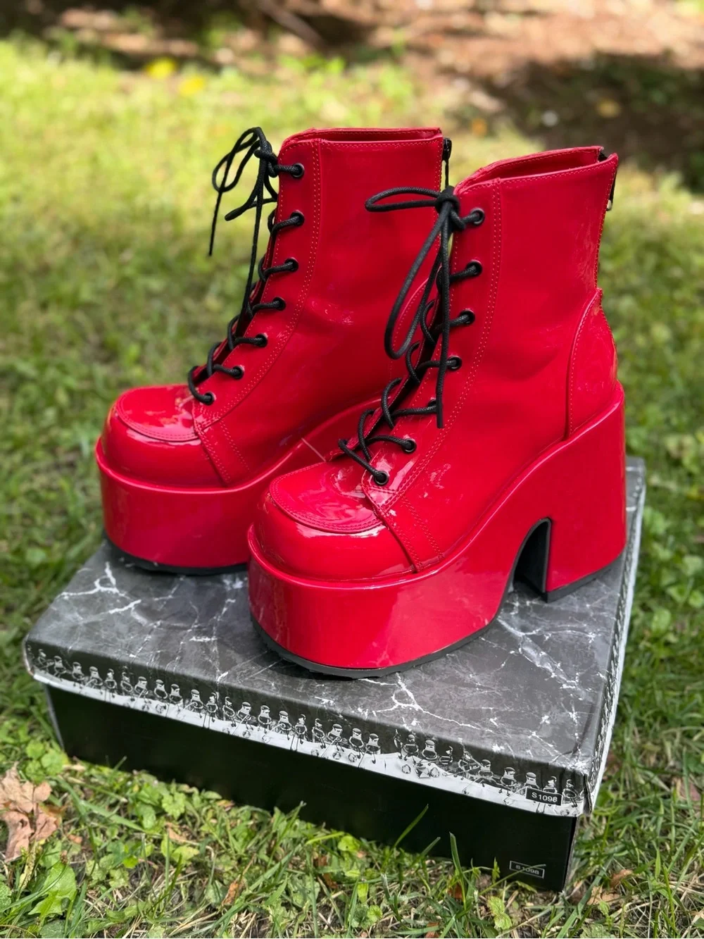 Demonia Red Patent Platform Camel Boots